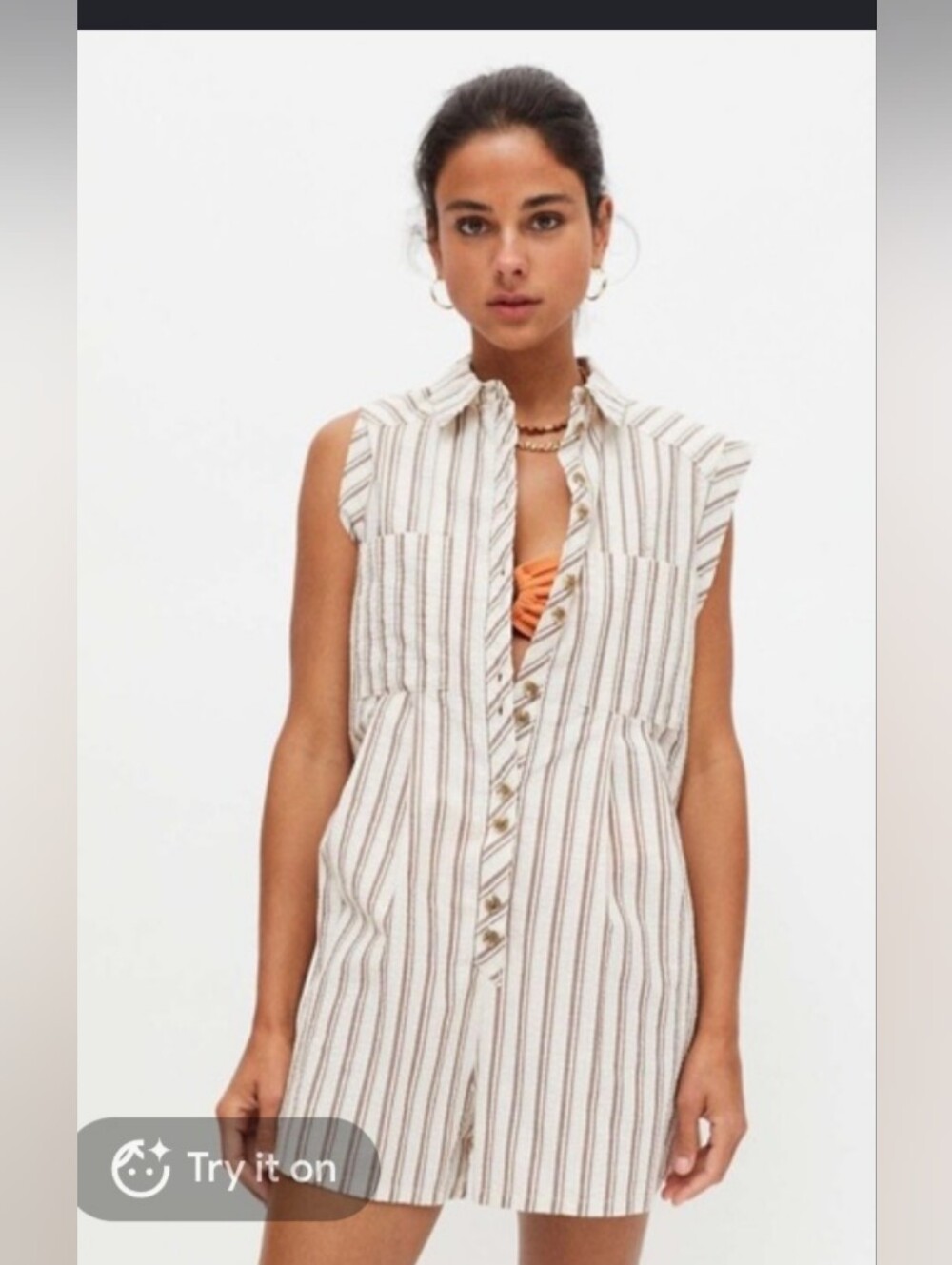 Sleeveless Striped Button-Front Cotton Romper in Beige and Brown S